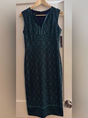 Adore Teal Geometric V-Notch Midi Dress